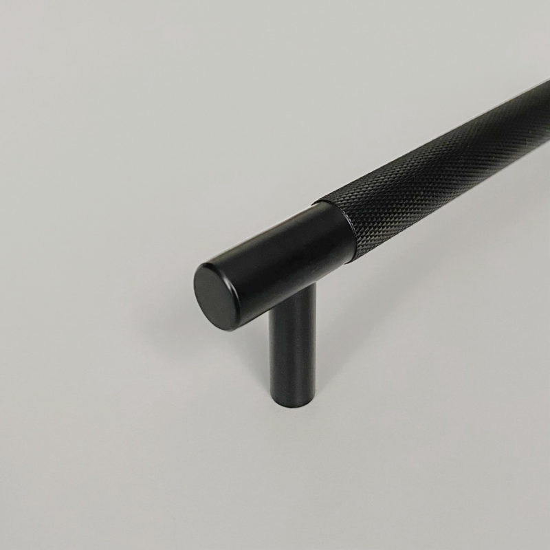 Closeup of Black Cabinet Handles HiFi Knurled 128mm